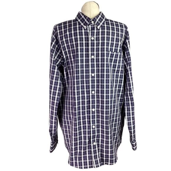 Duluth Trading Co Shirt Mens L Tall Blue Plaid Magnet Wrinkle Fighter Magnaready - Picture 1 of 9